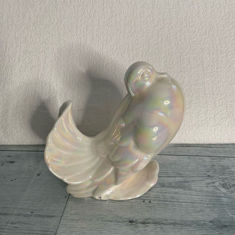 Vintage Bird Pigeon Ceramic Figurine White Dove With Mother of Pearls Glaze 4,5”